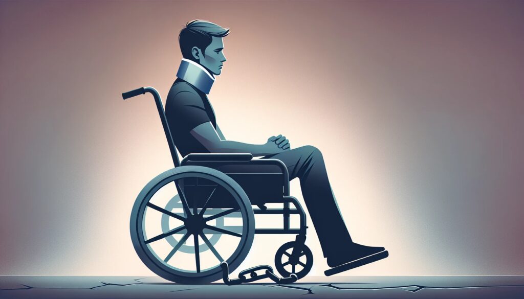 Illustration of a person with a neck brace and a wheelchair