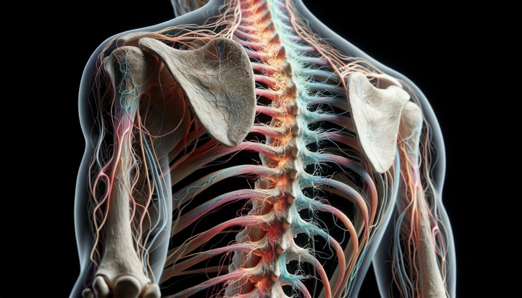 Illustration of a spinal cord with nerves and vertebrae