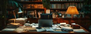 What to Gather for Effective Car Accident Injury Claims 4 a dimly lit office with a large, cluttered desk displaying a variety of legal documents and a laptop, conveying a sense of urgency and professionalism in the context of car accident injury claims.