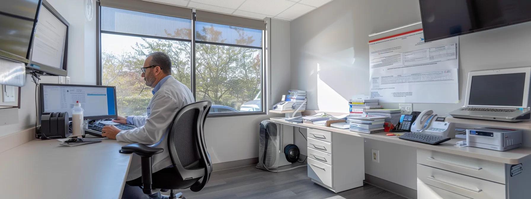 What to Gather for Effective Car Accident Injury Claims 3 a focused medical professional reviews a detailed patient file in a bright, modern clinic, illustrating the importance of thorough documentation and timely medical evaluation for car accident injury claims.