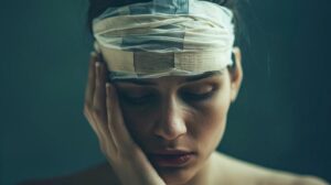 a person has a brain injury bandage around her head
