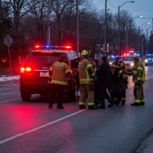 Car accident scene in Ontario with emergency responders assisting individuals