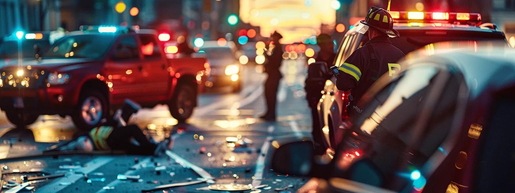 What to Gather for Effective Car Accident Injury Claims 2 a detailed urban accident scene captures emergency responders documenting the crash, while involved drivers exchange information and witnesses observe, highlighting the critical actions necessary for building a strong injury claim.
