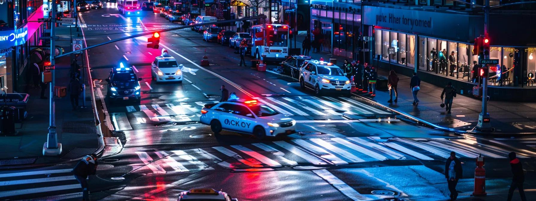 What to Gather for Effective Car Accident Injury Claims 1 a dimly lit city intersection reveals the aftermath of an accident, with emergency vehicles flashing their lights, professionals documenting evidence, and a tense atmosphere filled with urgency and focus.