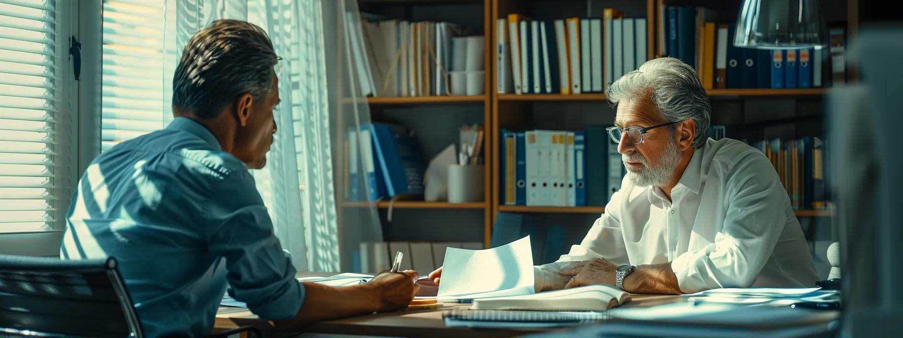 What to Gather for Effective Car Accident Injury Claims 5 a focused office scene depicts a professional discussing a car accident injury claim with an insurance adjuster, surrounded by organized files of documentation, including accident reports and medical records, illuminated by soft, ambient lighting to highlight the seriousness of the negotiation.