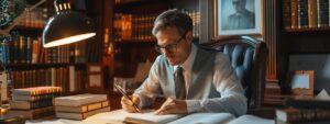 a focused office scene features a concerned lawyer reviewing a case file with a pen poised above a notepad, surrounded by legal books and framed diplomas, conveying the weight of crucial decisions in personal injury claims.