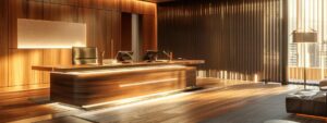 a sleek, modern law office features an imposing wooden desk with legal documents scattered thoughtfully, illuminated by warm, ambient light to evoke a sense of professionalism and seriousness surrounding personal injury lawsuit consultations.