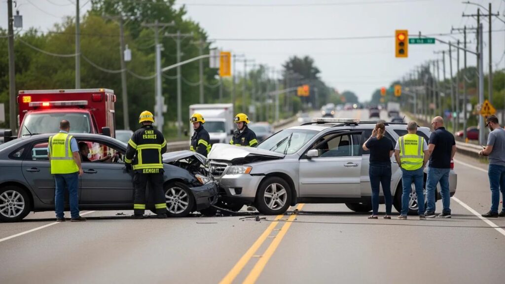 Car accident scene in Ontario highlighting the need for legal guidance after an incident with an uninsured driver