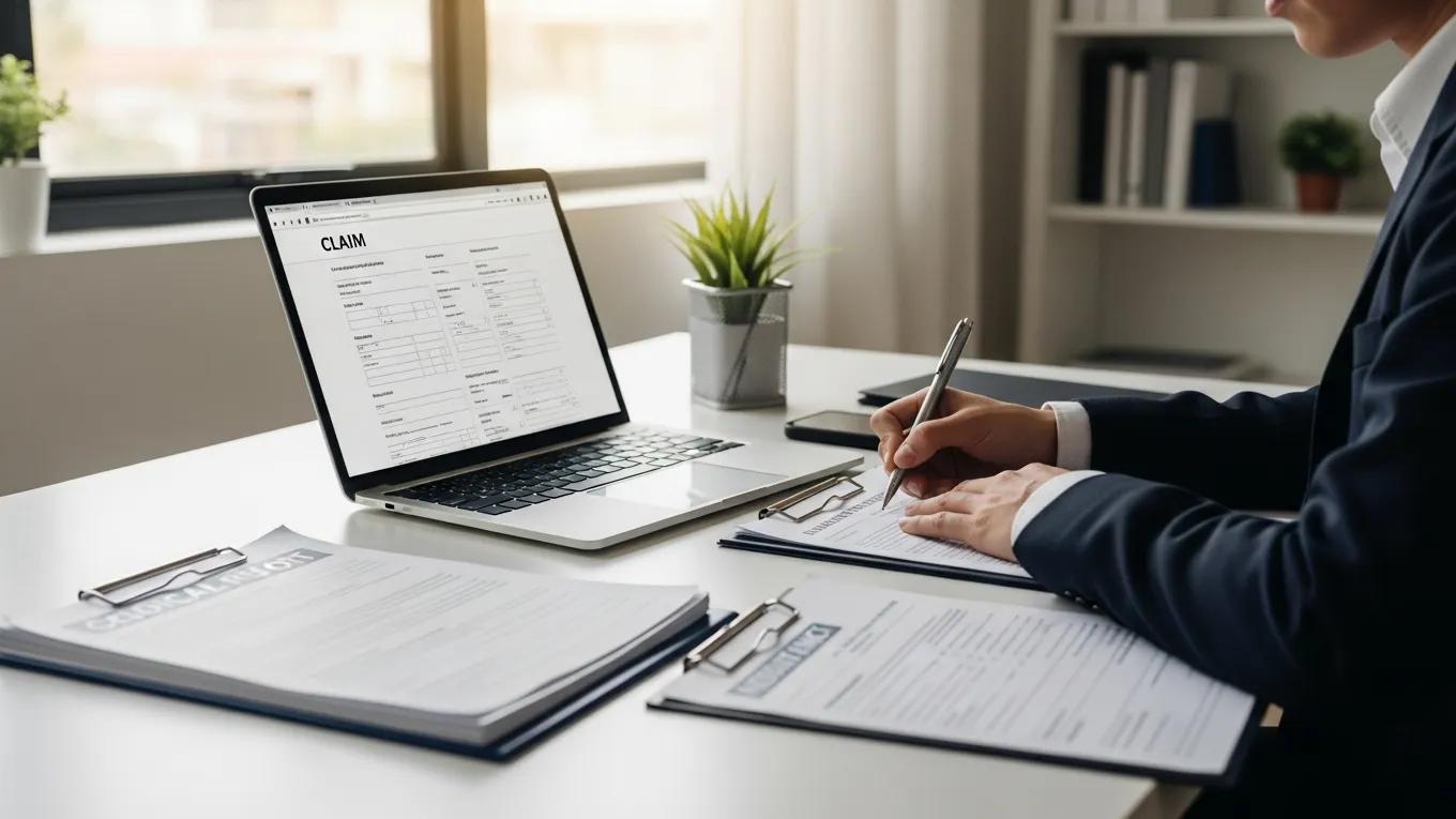 Individual filing a personal injury claim with essential documents and a laptop