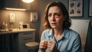 Individual consulting a doctor about eye injury and vision loss