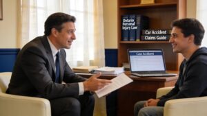 Personal injury lawyer consulting with car accident victim in Ontario legal office