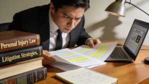 Individual reviewing personal injury litigation documents on a desk with law books and a laptop