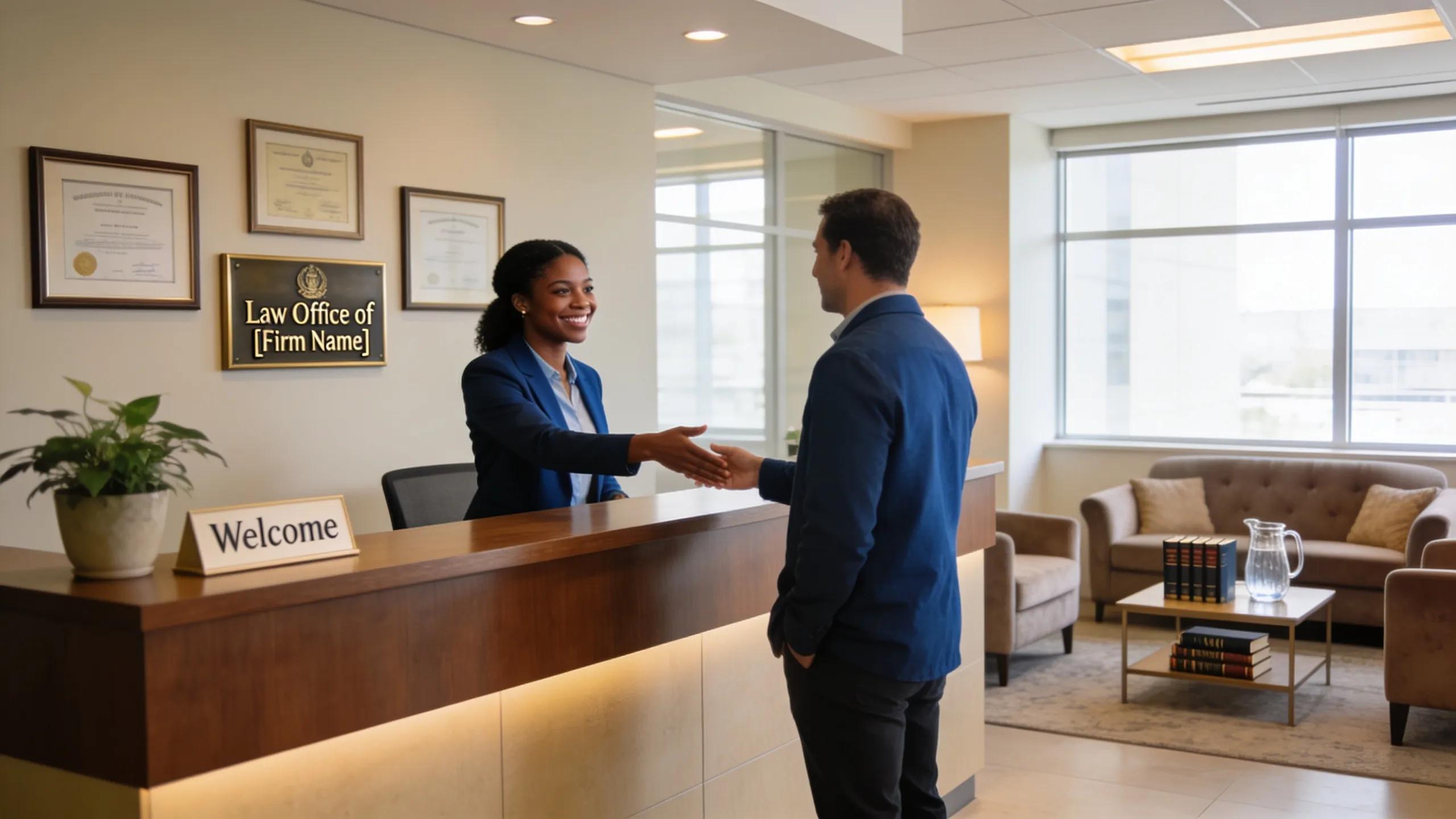 Law office reception area featuring a welcoming receptionist ready to assist clients seeking free legal consultation