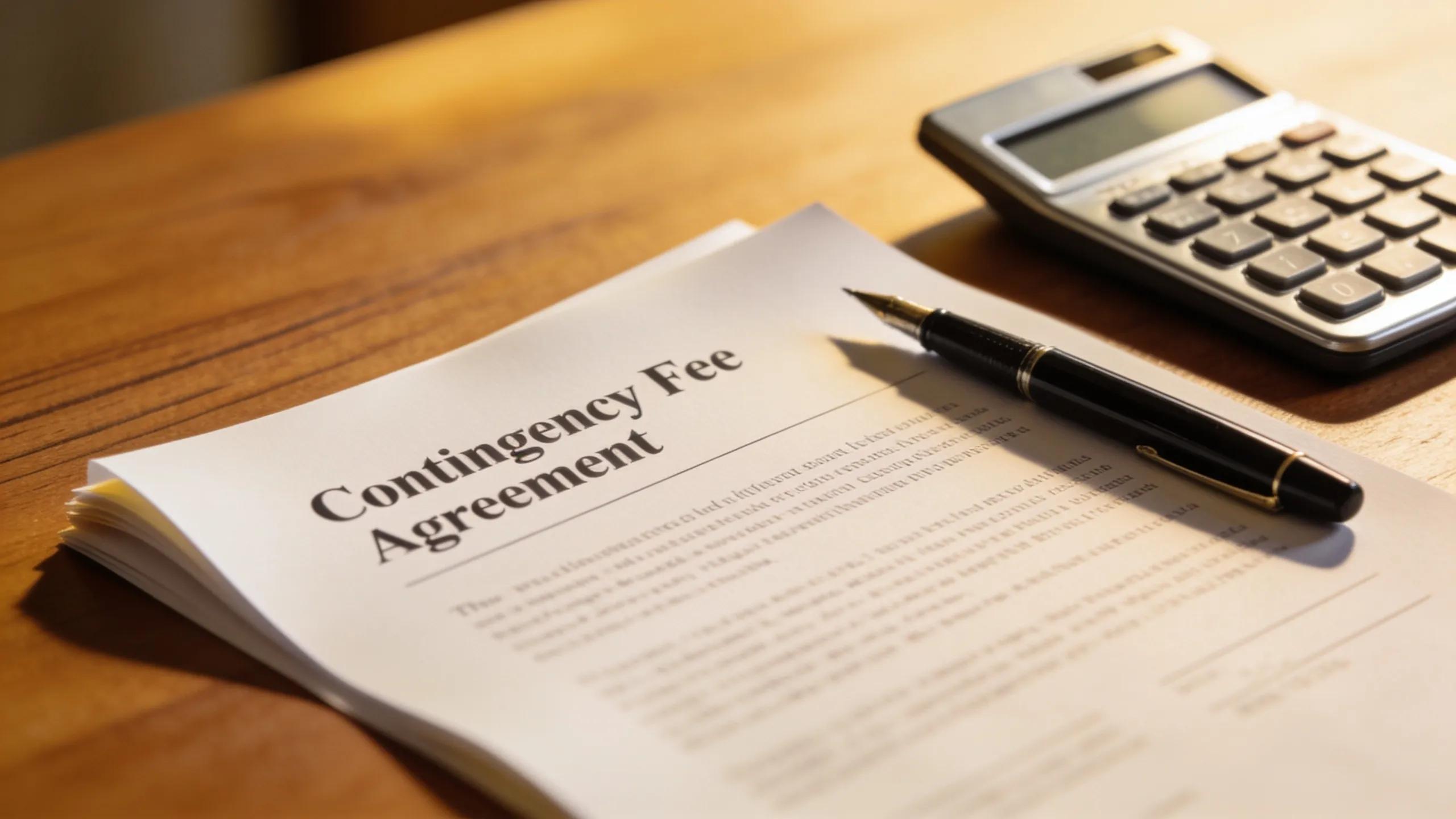 Detailed view of a contingency fee agreement document with a pen and calculator on a desk