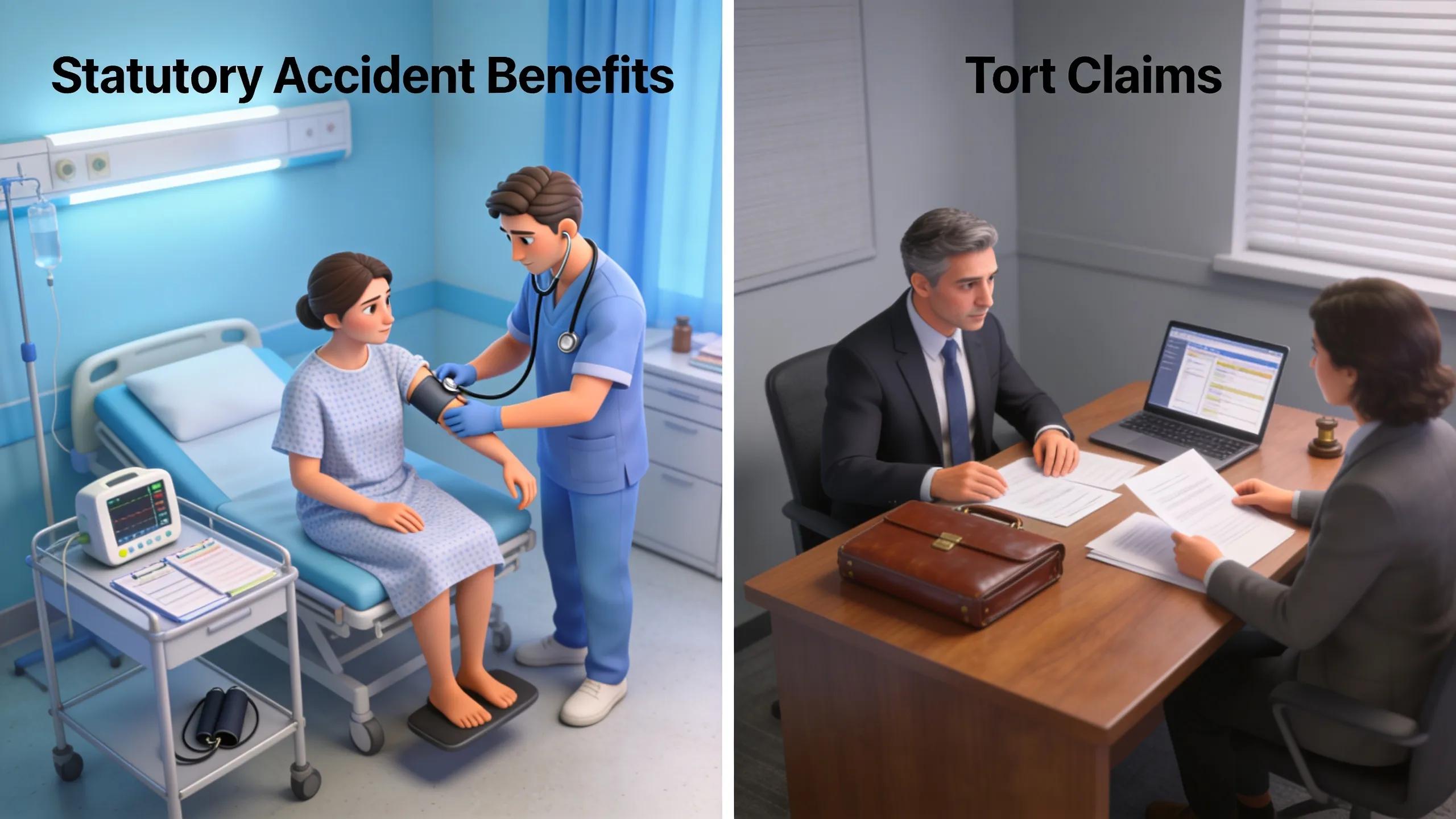 Contrasting scenes illustrating Statutory Accident Benefits and Tort claims