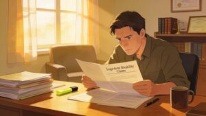 Individual reviewing legal documents in a cozy office environment, emphasizing the theme of long-term disability claims