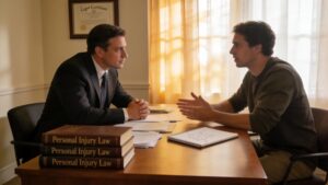 Scene of a personal injury lawyer consulting with a client in a professional office environment