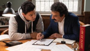 A lawyer and client discussing car accident insurance claims in a supportive office environment