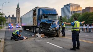 Ottawa truck accident scene with emergency responders and damaged semi-truck