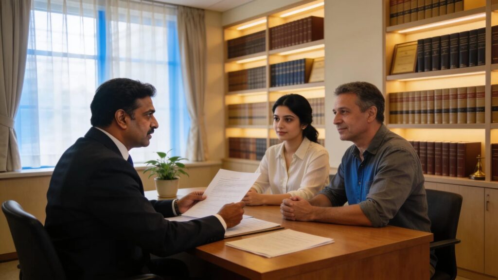 Personal injury lawyer discussing contingency fee structure with clients in a friendly office setting