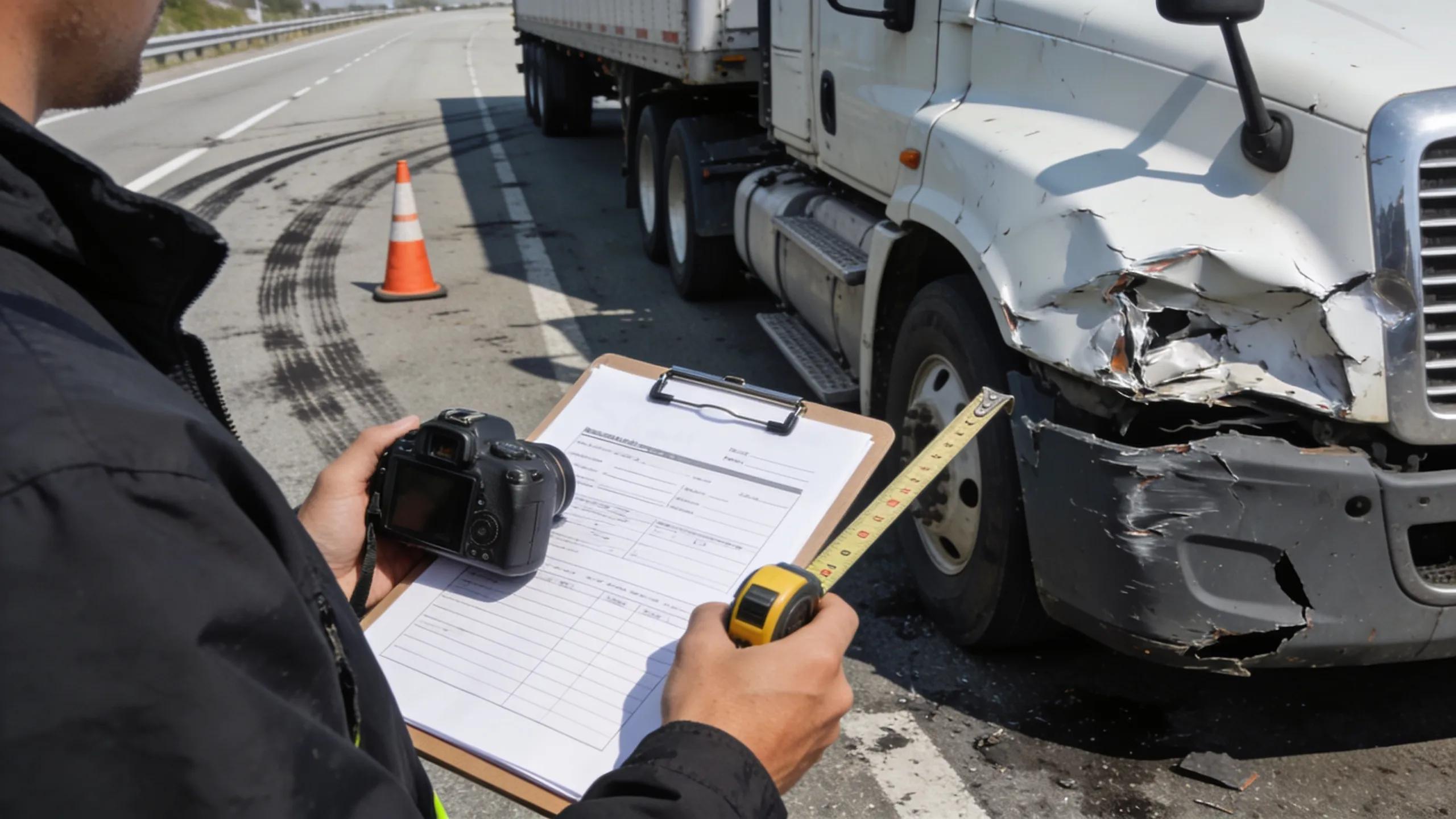 Person reporting a commercial truck collision with necessary documentation tools