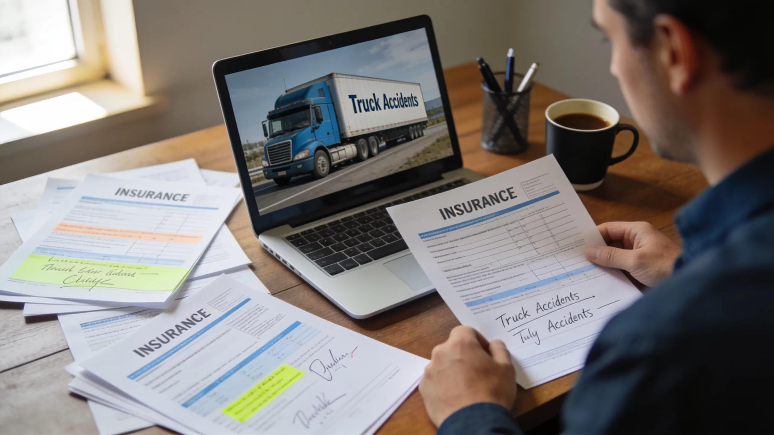 Individual analyzing insurance documents related to truck accident claims